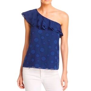 NWT—Cooper & Ella Navy Blue Polka Dot Open Shoulder Ruffle Neck Blouse Top, S